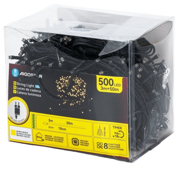 Aigostar - Ghirlandă LED de exterior 50 m, 500 LED, 6 W, 230 V, IP44, alb cald