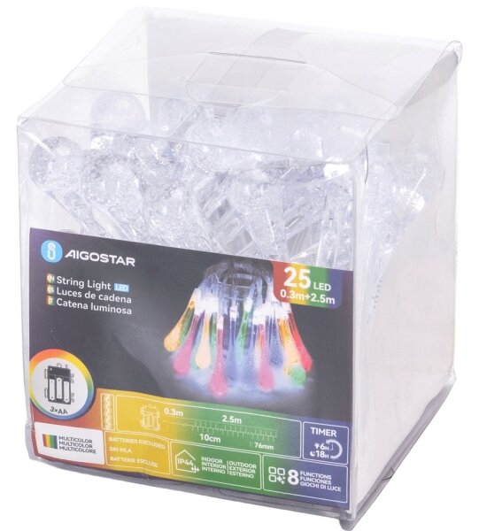 Aigostar - LED RGBY Ghirlandă de Crăciun pentru exterior 25xLED/8 funcții 3xAA 2,5m IP44 picături