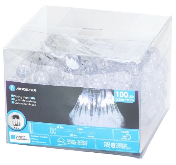 Aigostar - Ghirlandă LED de Crăciun pentru exterior, 100 LED, 8 moduri, alimentare 3xAA, 10 m, IP44, alb rece, picături