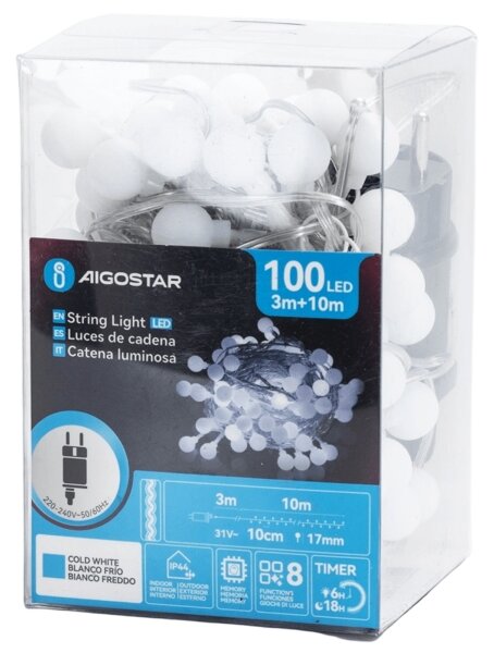 Aigostar - Șir LED decorativ de exterior 100xLED/3,6W/230V/8 funcții, 10 m, IP44, alb rece