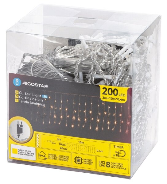 Aigostar - Ghirlandă LED de Crăciun pentru exterior, 200 LED/3,6W/230V/8 funcții, 10 x 0,4 m, IP44, lumină caldă