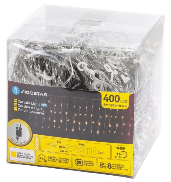 Aigostar - Ghirlandă LED de exterior pentru Crăciun 400xLED/6W/230V/8 funcții 20x0,4m IP44 alb cald