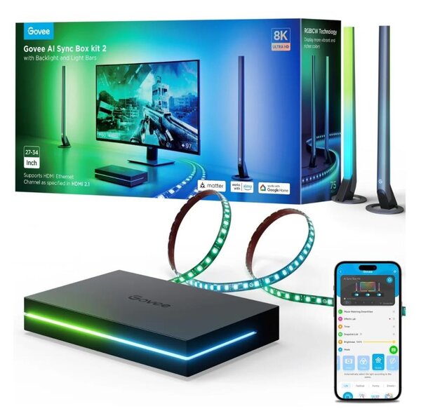Govee - AI Sync Box Kit 2 Set iluminare PC inteligent pentru monitoare 27-34" + panouri LED Wi-Fi