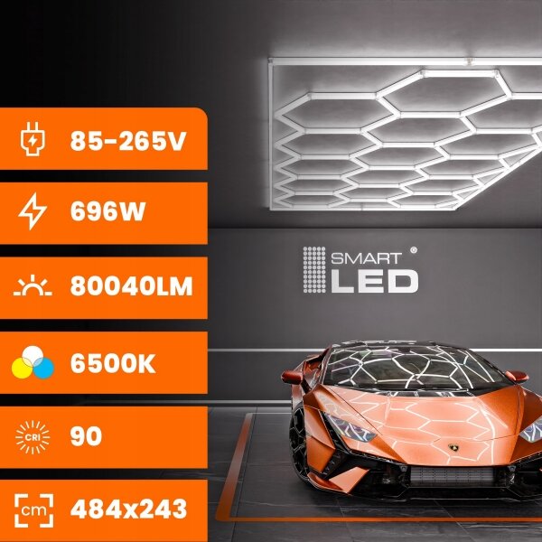 Plafonieră LED 696W, 85-265V, 6500K, 484x243 cm, CRI 90, IP44, alb