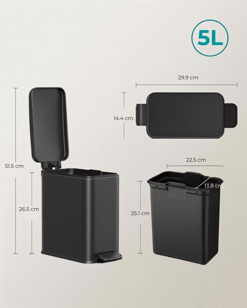 Coș de gunoi pentru baie NORD, 5 l, negru SongmicsHome