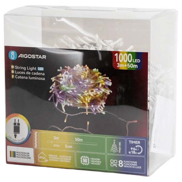 Aigostar - Ghirlandă LED pentru exterior, 1000 LED, 8 funcții, 53 m, IP44, multicolor