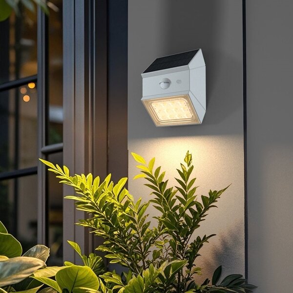 Lampă solară LED de perete cu senzor, 2,5W/3,7V, IP65, 1200 mAh, albă
