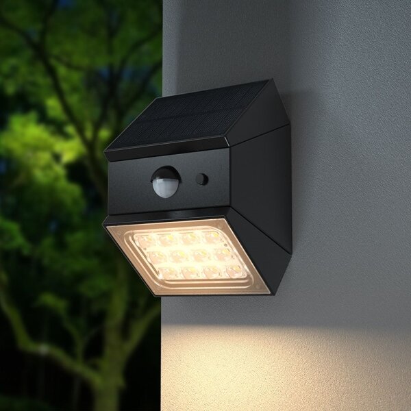 Aplică solară de perete cu senzor, LED 2,5 W / 3,7 V, IP65, 1200 mAh, negru
