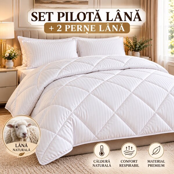 Set Premium Pilotă din Lână Naturală 200×215 cm + 2 Perne 50×70 cm