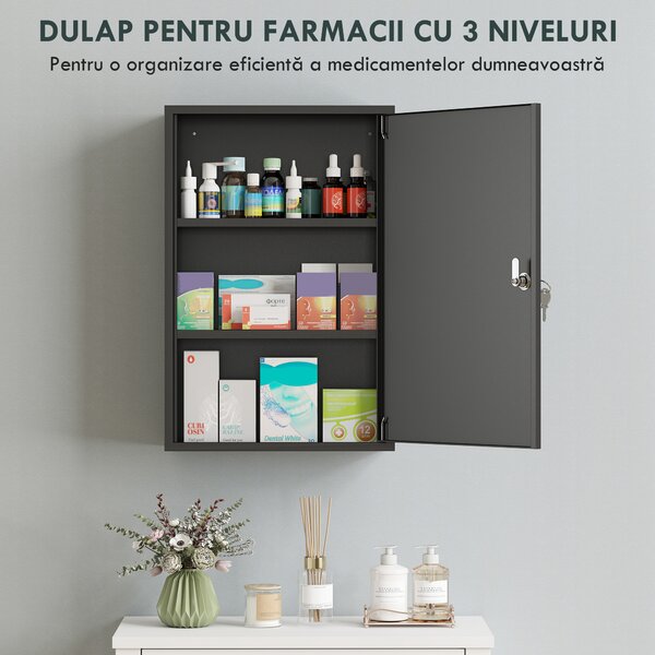 Kleankin Dulap pentru Medicamente cu 3 Niveluri din Metal, cu 2 Chei și Montare pe Perete, 40x18x60 cm, Negru | Aosom Romania
