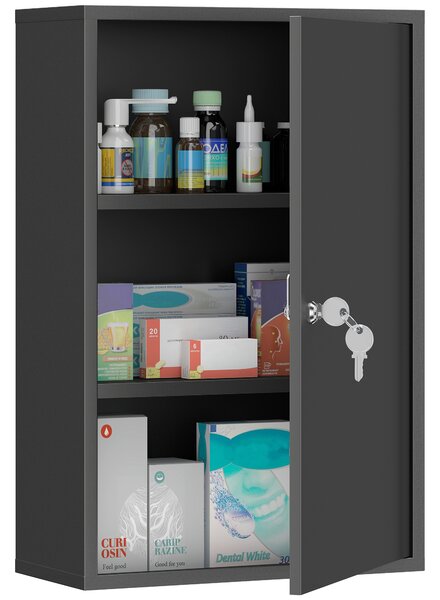 Kleankin Dulap pentru Medicamente cu 3 Niveluri din Metal, cu 2 Chei și Montare pe Perete, 40x18x60 cm, Negru | Aosom Romania