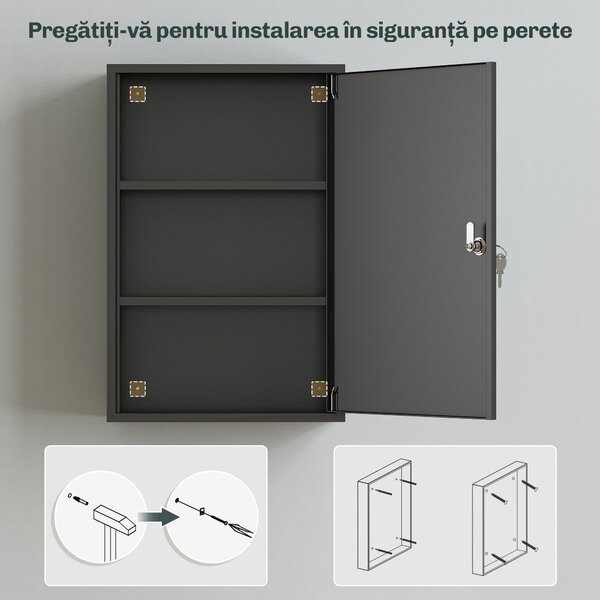 Kleankin Dulap pentru Medicamente cu 3 Niveluri din Metal, cu 2 Chei și Montare pe Perete, 40x18x60 cm, Negru | Aosom Romania