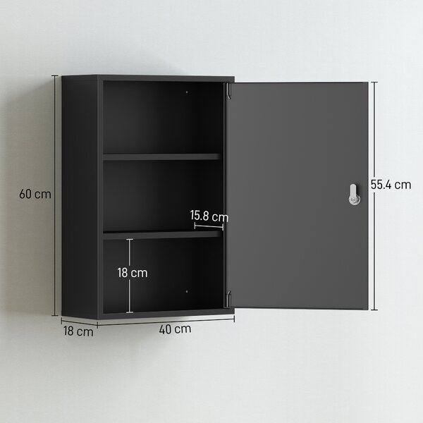 Kleankin Dulap pentru Medicamente cu 3 Niveluri din Metal, cu 2 Chei și Montare pe Perete, 40x18x60 cm, Negru | Aosom Romania