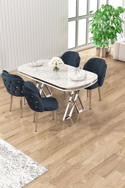 Set masă scaune (pentru 4 persoane) Zaria (marmură albă + crom + antracit). Promo -22%. 1153771