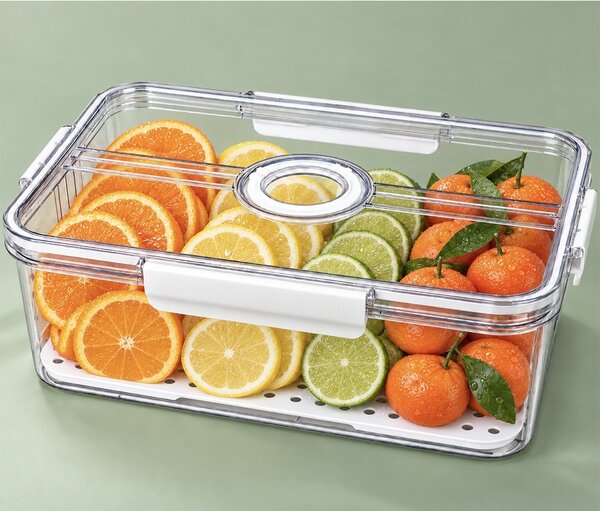 Organizator frigider Pufo cu baza perforata si capac cu glisor, 32.5 x 22.5 x 11 cm – cutie pentru depozitarea fructelor, legumelor si alimentelor alb