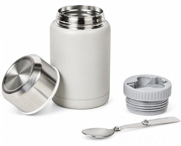 Pahar termos Pufo Food pentru alimente din otel inoxidabil, cu lingură pliabila, pereti dubli si inchidere etansa, ideal pentru supa, iaurt si mancare la pachet, 500 ml, gri