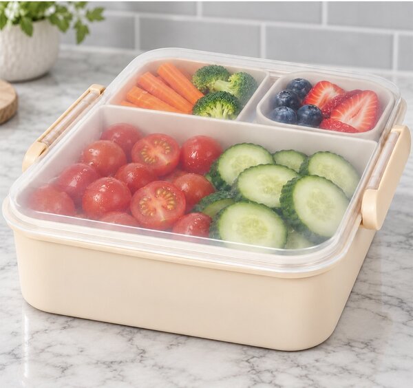 Cutie de pranz compartimentata, set 4 piese cu 5 compartimente si recipient pentru sos, 21.5 x 18.5 x 7.5 cm – caserola alimentara lunch box pentru scoala, birou, serviciu si calatorii, bej