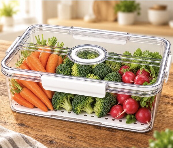 Organizator frigider Pufo cu baza perforata si capac cu glisor, 32.5 x 22.5 x 11 cm – cutie pentru depozitarea fructelor, legumelor si alimentelor alb