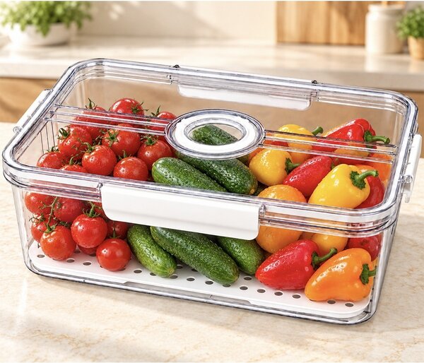 Organizator frigider Pufo cu baza perforata si capac cu glisor, 32.5 x 22.5 x 11 cm – cutie pentru depozitarea fructelor, legumelor si alimentelor alb