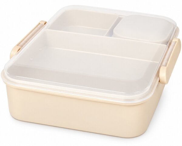 Cutie de pranz compartimentata, set 4 piese cu 5 compartimente si recipient pentru sos, 21.5 x 18.5 x 7.5 cm – caserola alimentara lunch box pentru scoala, birou, serviciu si calatorii, bej