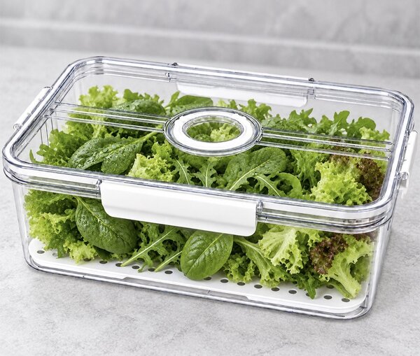 Organizator frigider Pufo cu baza perforata si capac cu glisor, 32.5 x 22.5 x 11 cm – cutie pentru depozitarea fructelor, legumelor si alimentelor alb