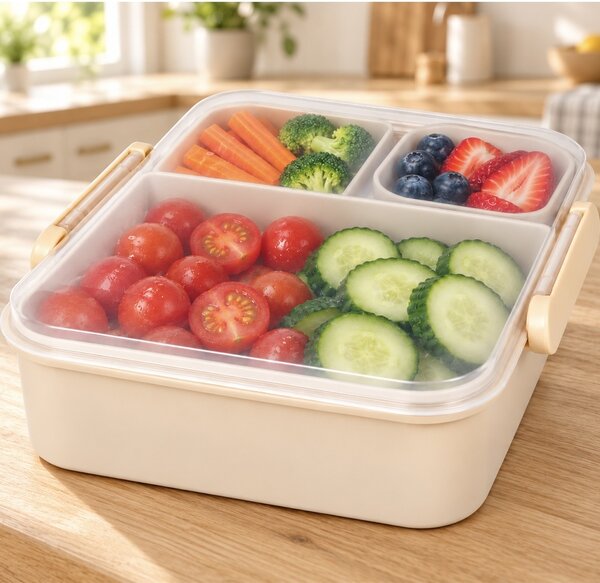 Cutie de pranz compartimentata, set 4 piese cu 5 compartimente si recipient pentru sos, 21.5 x 18.5 x 7.5 cm – caserola alimentara lunch box pentru scoala, birou, serviciu si calatorii, bej