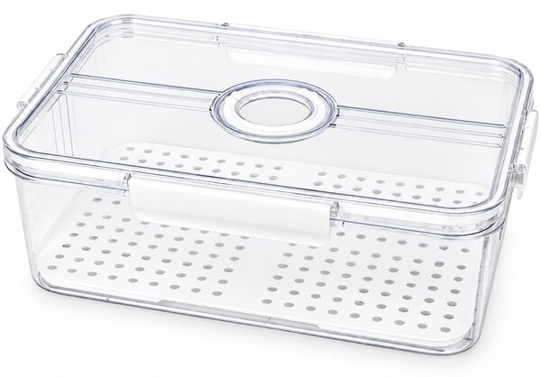 Organizator frigider Pufo cu baza perforata si capac cu glisor, 32.5 x 22.5 x 11 cm – cutie pentru depozitarea fructelor, legumelor si alimentelor alb