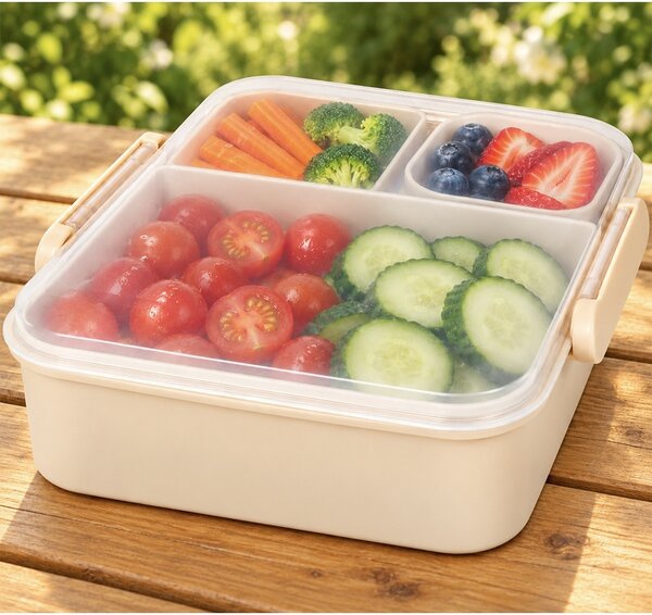 Cutie de pranz compartimentata, set 4 piese cu 5 compartimente si recipient pentru sos, 21.5 x 18.5 x 7.5 cm – caserola alimentara lunch box pentru scoala, birou, serviciu si calatorii, bej
