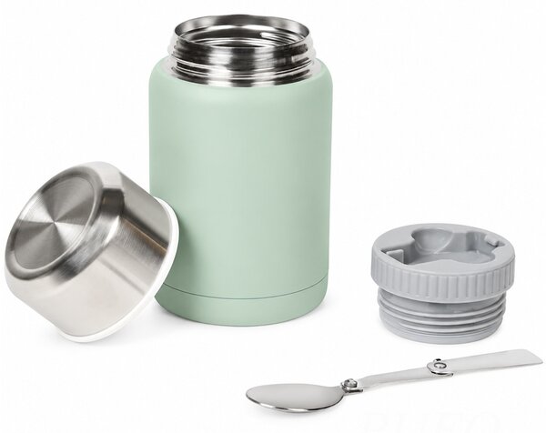 Pahar termos Pufo Food pentru alimente din otel inoxidabil, cu lingură pliabila, pereti dubli si inchidere etansa, ideal pentru supa, iaurt si mancare la pachet, 500 ml, verde