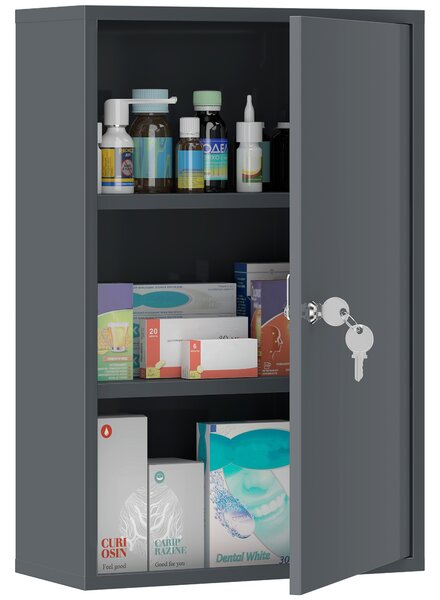 Kleankin Dulap pentru medicamente cu 3 niveluri din metal, cu 2 chei și montare pe perete, 40 x 18 x 60 cm, gri | Aosom Romania