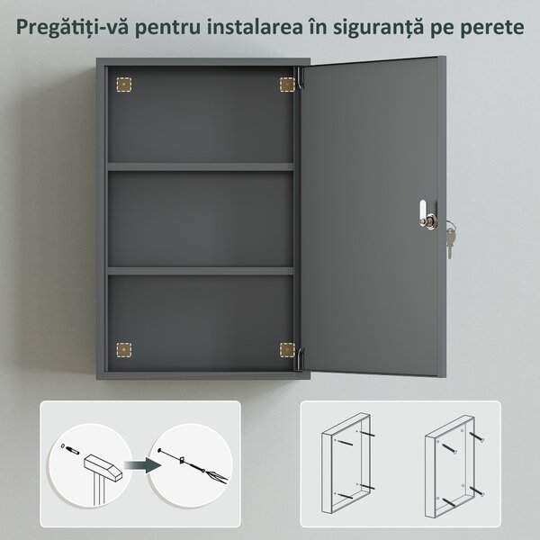 Kleankin Dulap pentru medicamente cu 3 niveluri din metal, cu 2 chei și montare pe perete, 40 x 18 x 60 cm, gri | Aosom Romania