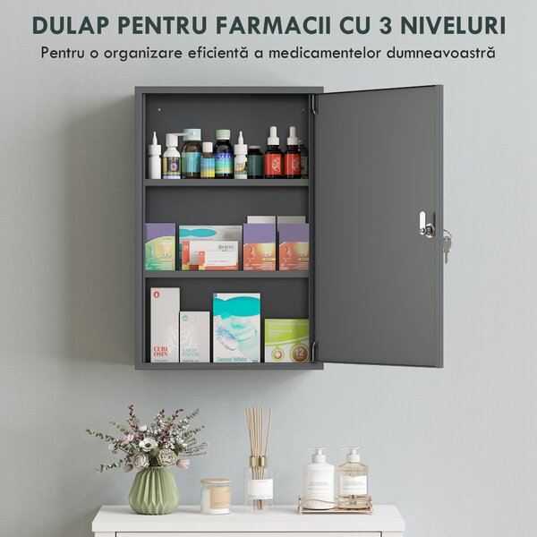Kleankin Dulap pentru medicamente cu 3 niveluri din metal, cu 2 chei și montare pe perete, 40 x 18 x 60 cm, gri | Aosom Romania