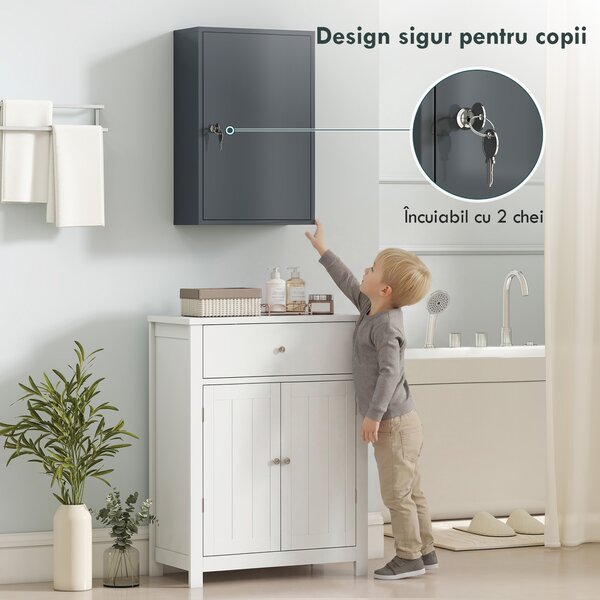 Kleankin Dulap pentru medicamente cu 3 niveluri din metal, cu 2 chei și montare pe perete, 40 x 18 x 60 cm, gri | Aosom Romania