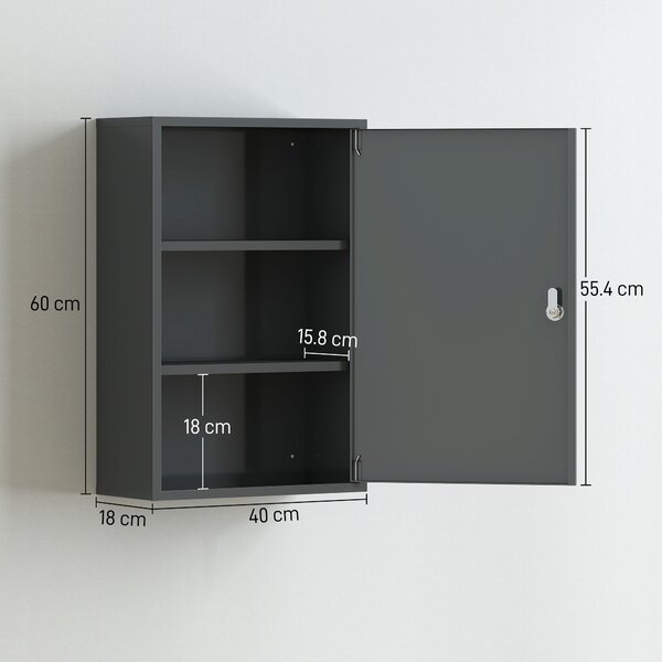 Kleankin Dulap pentru medicamente cu 3 niveluri din metal, cu 2 chei și montare pe perete, 40 x 18 x 60 cm, gri | Aosom Romania