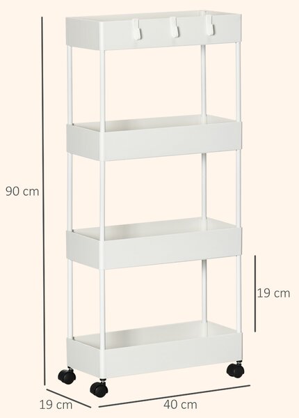 HOMCOM Cărucior Bucătărie Multifuncțional cu 4 Polițe și 3 Cârlige, Oțel și Plastic, 40x19x90 cm, Alb | Aosom Romania