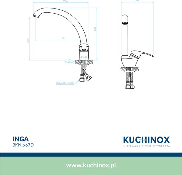 Kuchinox Inga, baterie de chiuvetă independentă cu pipă F, neagră, LAV-BKN_767D