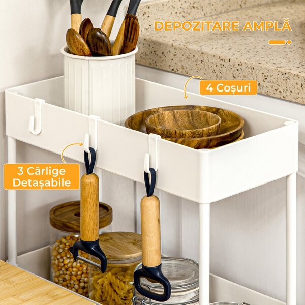 HOMCOM Cărucior Bucătărie Multifuncțional cu 4 Polițe și 3 Cârlige, Oțel și Plastic, 40x19x90 cm, Alb | Aosom Romania