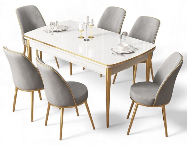 Set masă scaune (pentru 6 persoane) Nitria (alb + auriu + gri). Promo -23%. 1153565