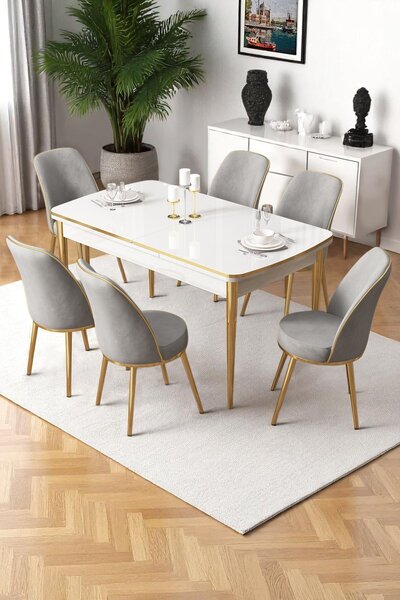 Set masă scaune (pentru 6 persoane) Nitria (alb + auriu + gri). Promo -23%. 1153565