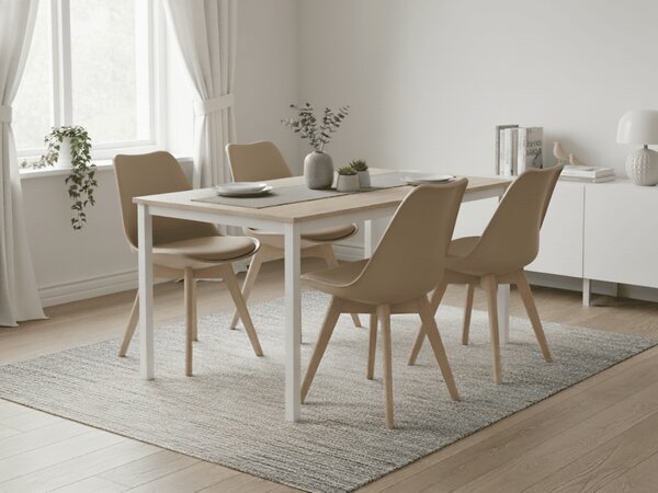 Set de dining 1 + 4, masa alba TESSA 120x60 cm decor stejar + scaun bej BALI MARK cu picioare din fag