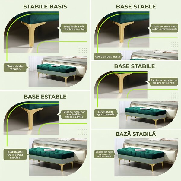 HOMCOM Bancă Hol, cu Husă Capitonată din Catifea cu Picioare Metalice pentru intrare, dormitor sau sufragerie, 118x45x42 cm, Verde | Aosom Romania