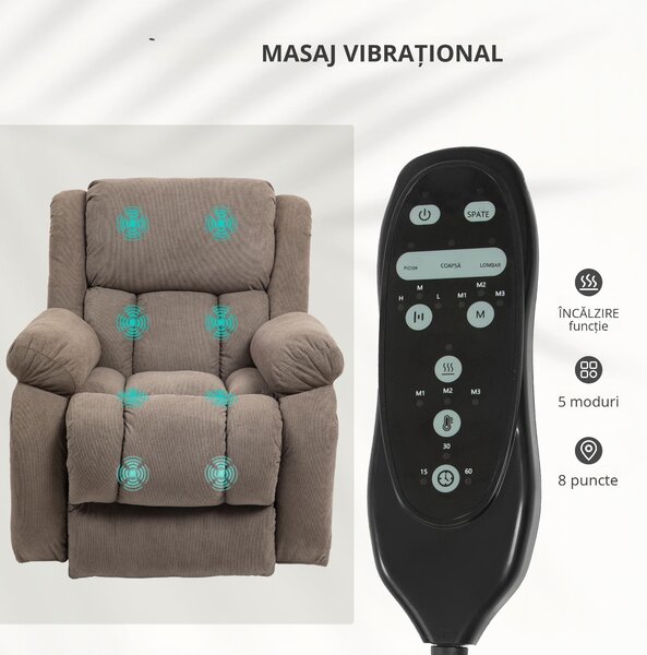 HOMCOM Fotoliu Rabatabil până la 150° cu 8 Puncte de Masaj, 2 Telecomenzi și Suport pentru Picioare, 93x104x100 cm, Maro | Aosom Romania
