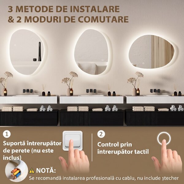 HOMCOM Oglindă de Baie LED cu Comutator Tactil Inteligent și Intensitate Reglabilă, 80x5x60 cm, Argintiu | Aosom Romania