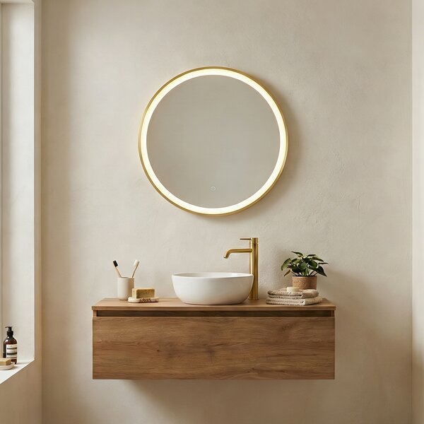 Oglindă de baie aurie 50 cm, cu LED, cu 3 trepte de intensitate reglabile cu atingere, rotundă - Miral
