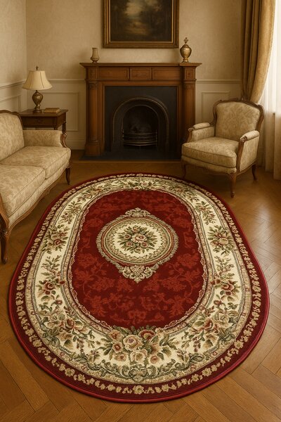 Covor Clasic Sufragerie, Model Lotos 571 210, Oval, Rosu Rosu, Oval, 60x110
