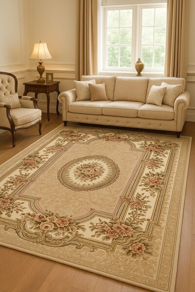 Covor Clasic Sufragerie, Model Lotos 571 110, Bej Dreptunghi, 80x150