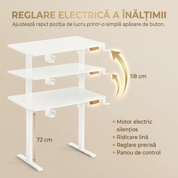 ELEVON WX-009 – Birou Reglabil Electric, Înălțime Reglabilă 72–118 cm, Blat Monobloc PAL de Înaltă Densitate 15 mm, Cadru Metalic din Oțel 65×45 mm, Panou Electronic, 140 × 60 cm, Alb