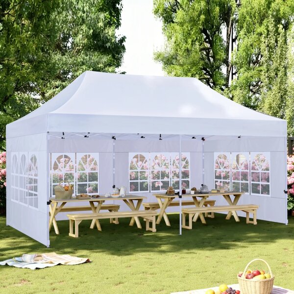 ABCCANOPY – Cort pavilion pliabil 6x3 m, înălțime reglabilă 3 trepte, pereți cu ferestre transparente, impermeabil, Alb