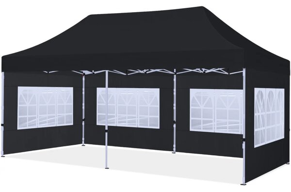 ABCCANOPY – Cort pavilion pliabil 6x3 m, înălțime reglabilă 3 trepte, pereți cu ferestre transparente, impermeabil, Negru