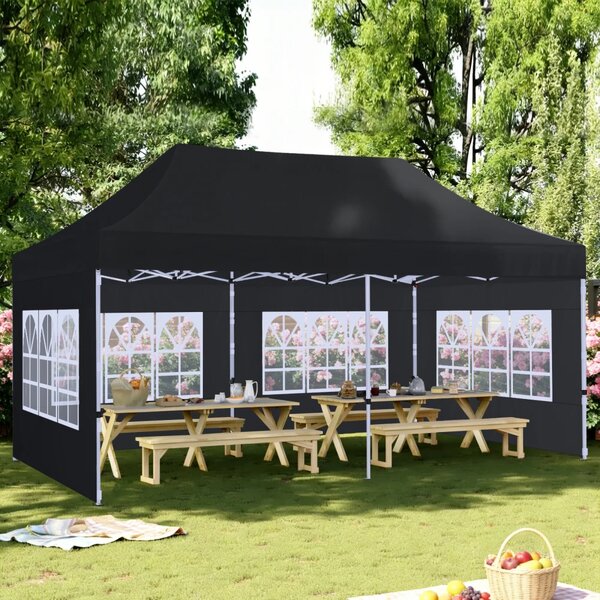 ABCCANOPY – Cort pavilion pliabil 6x3 m, înălțime reglabilă 3 trepte, pereți cu ferestre transparente, impermeabil, Negru
